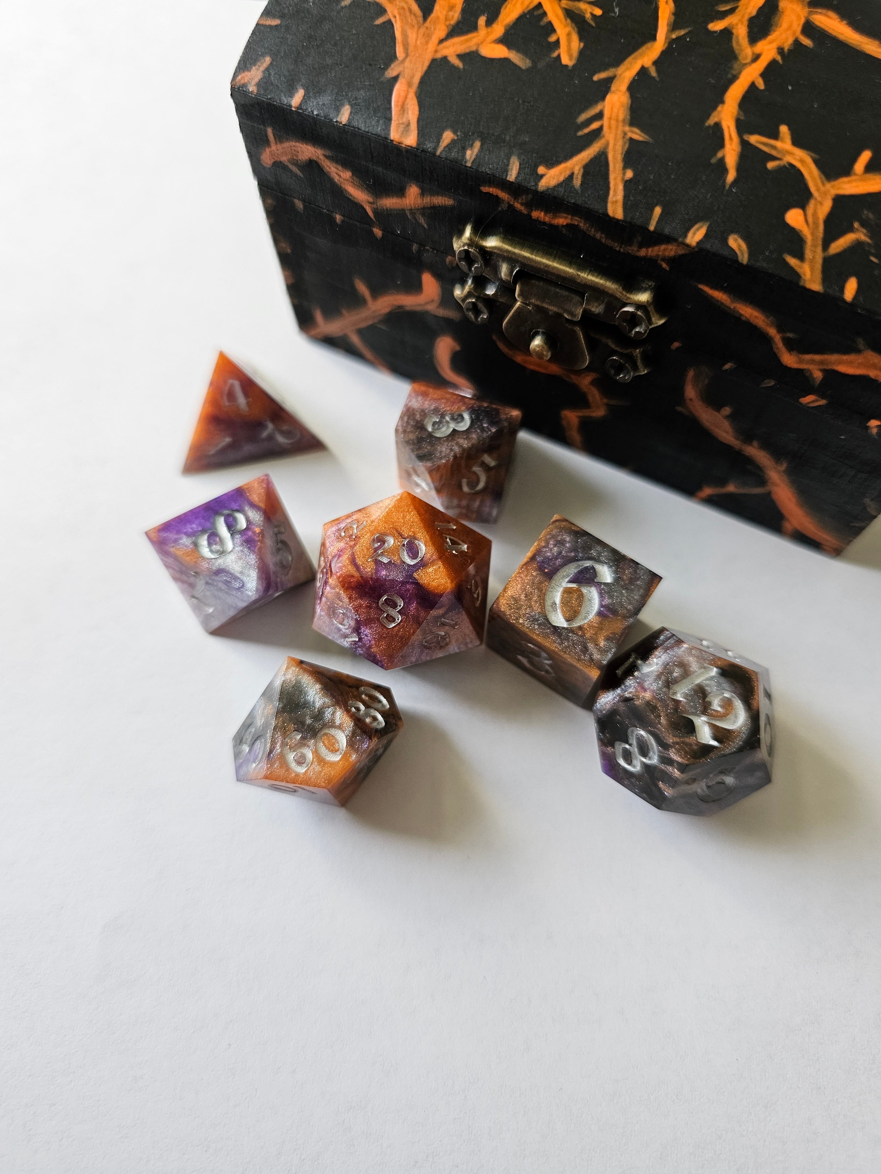 Handmade Halloween Dice Set with Hand-Painted Chest – Black