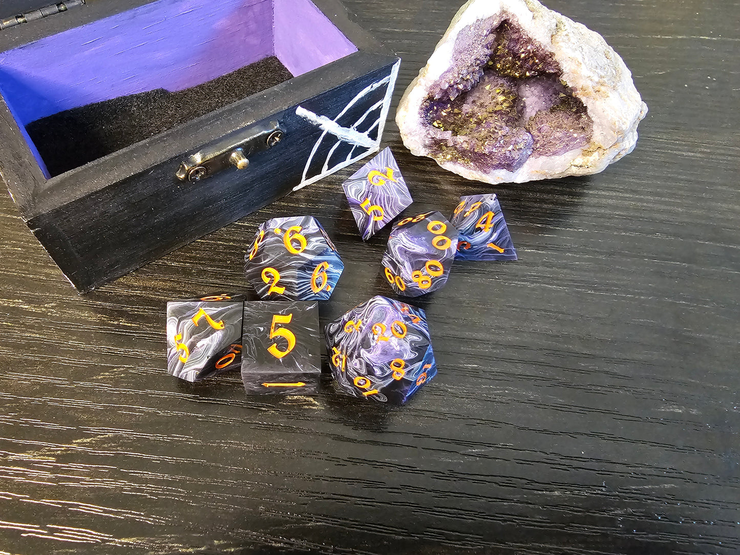 Handmade Spooky Spider Dice Set with Hand-Painted Chest