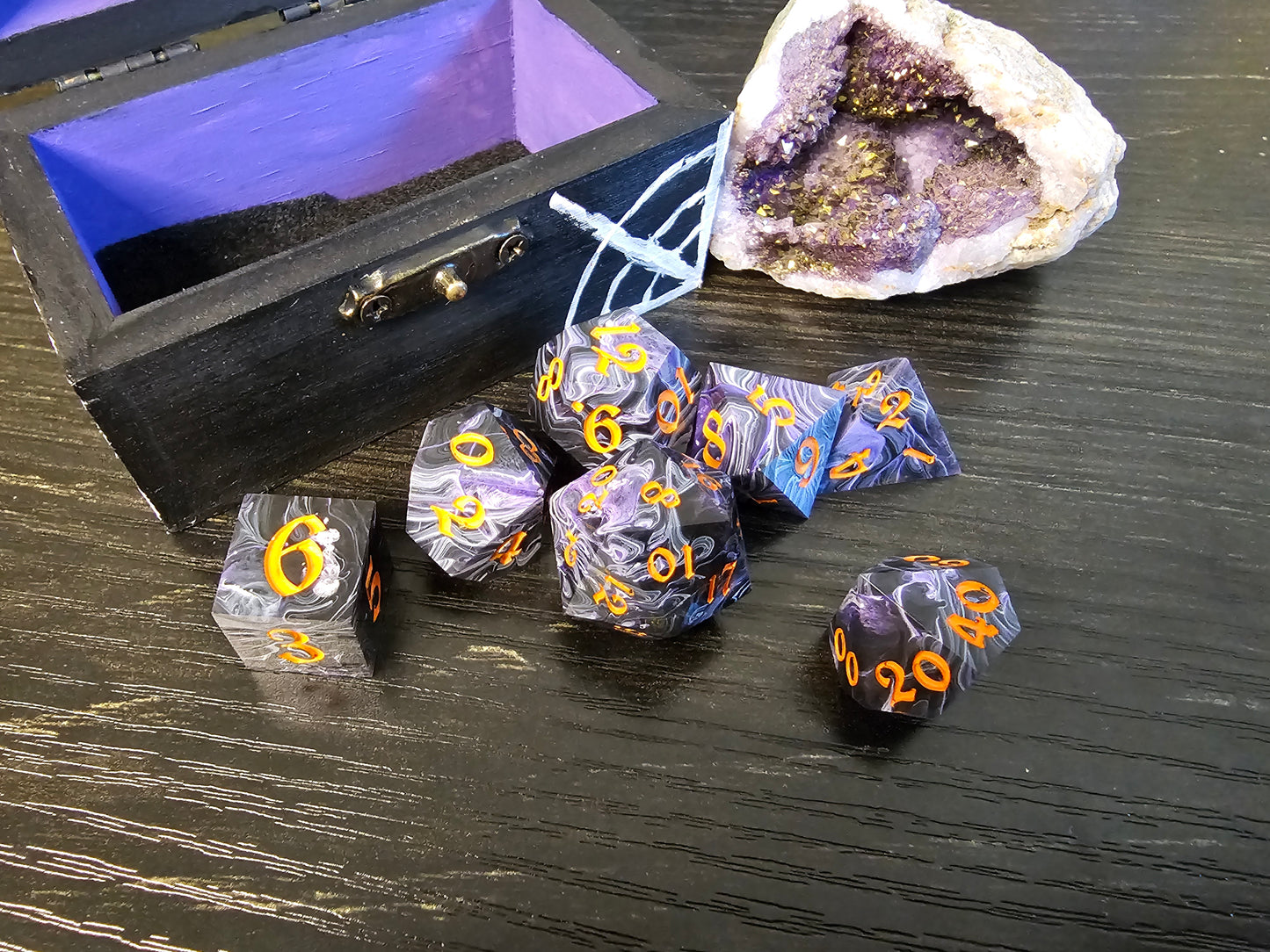 Handmade Spooky Spider Dice Set with Hand-Painted Chest