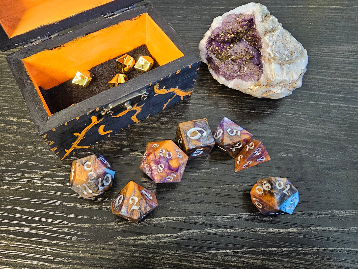 Handmade Halloween Dice Set with Hand-Painted Chest